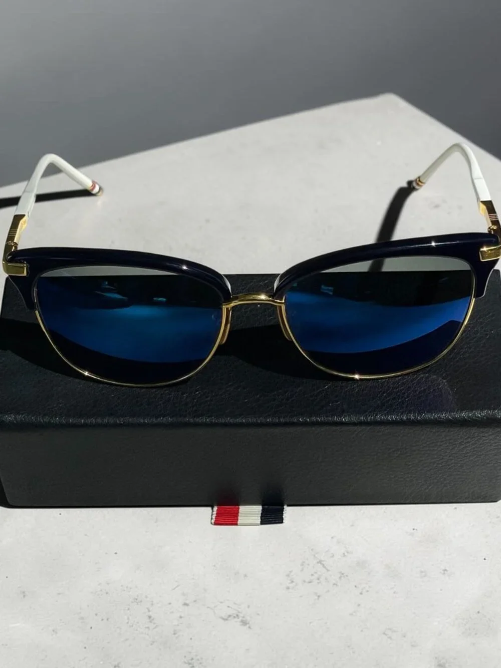 Thom Browne Sunglasses Black Gold Blue Mirror Lens w/ Case